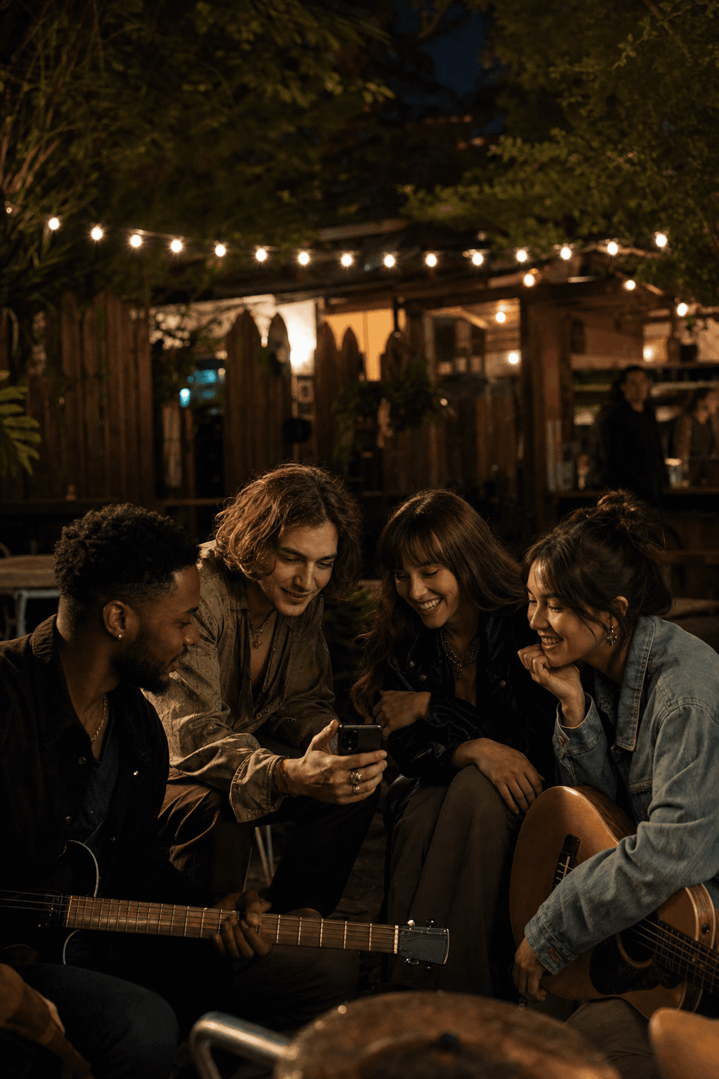 Four musicians with guitars gathered around a phone in a garden at night